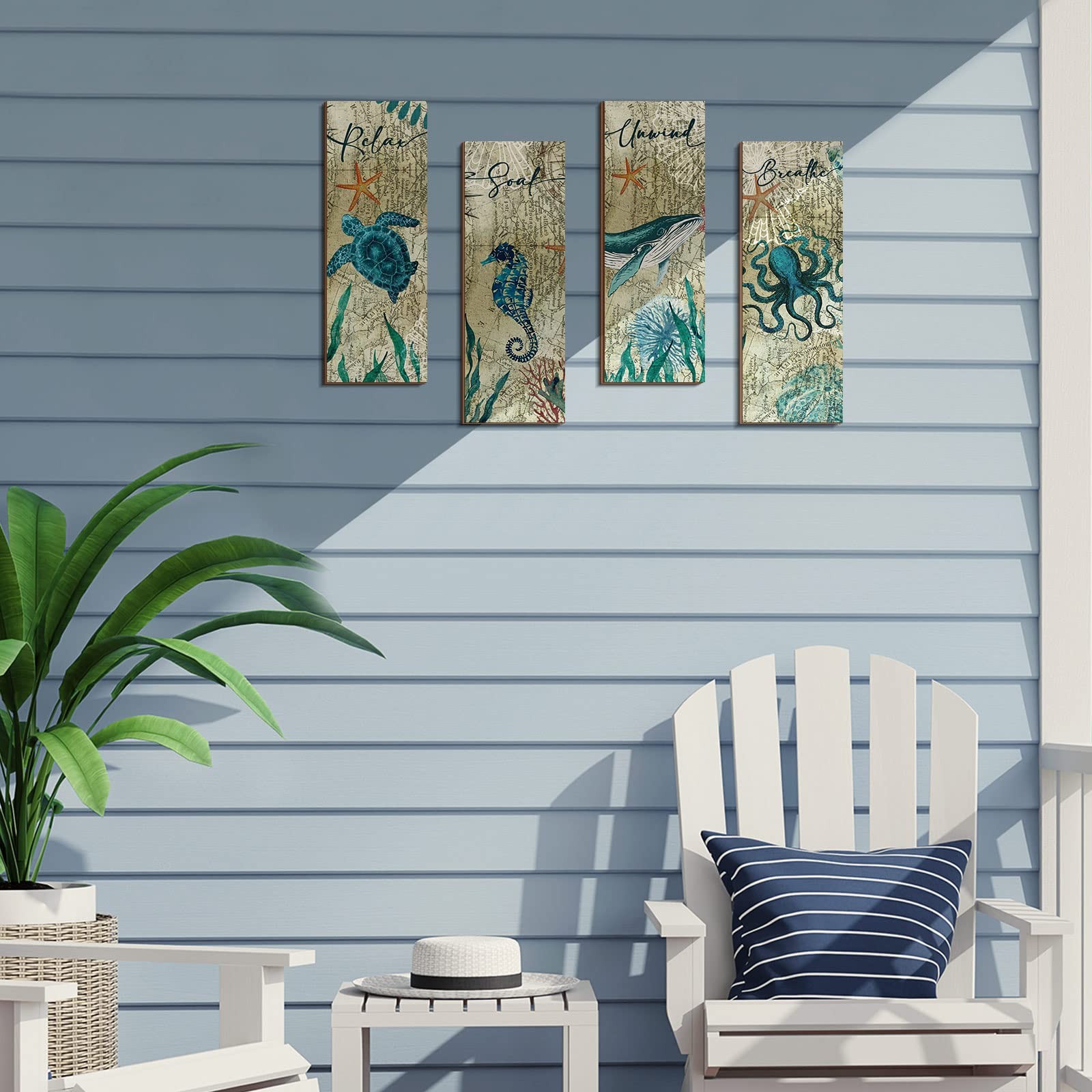 Qunclay 4 Pieces Beach Bathroom Decor Wall Sign Ocean Decor Sea Turtle Wall Art