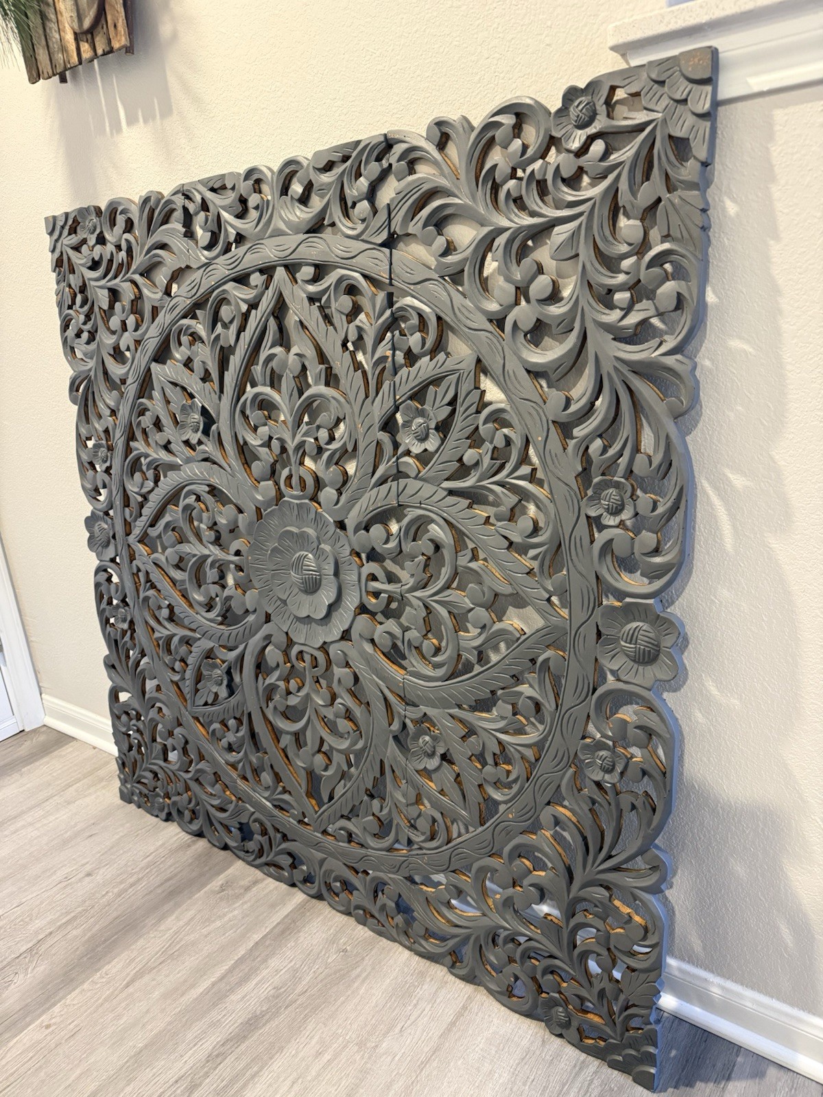 Wall Art 3 Panels Floral Mandala Latticework Design Teak Wood Handcrafted 48”