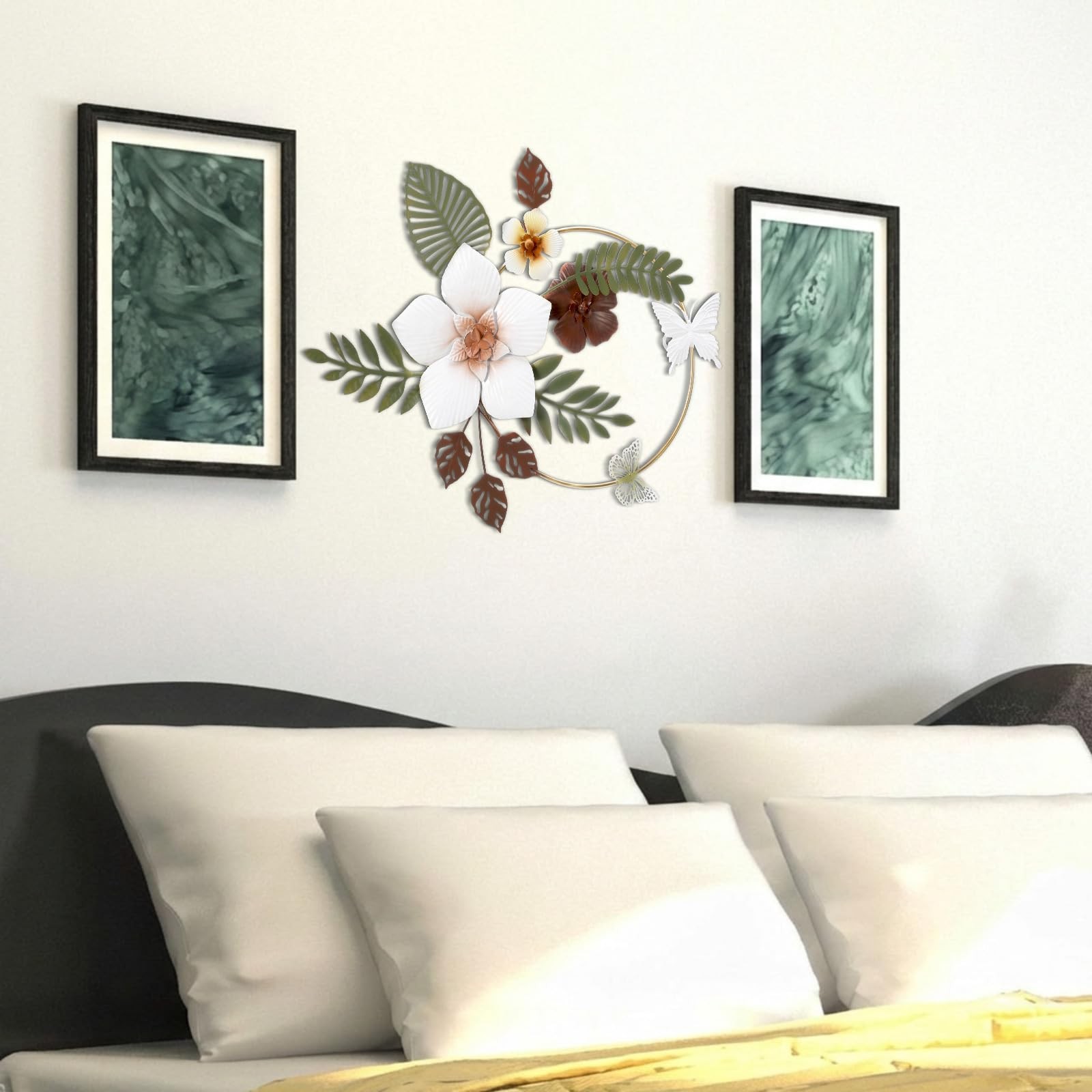 3D Metal Flower Wall Decor – 13.78” Gold Circle Floral Wall Art with Green T…