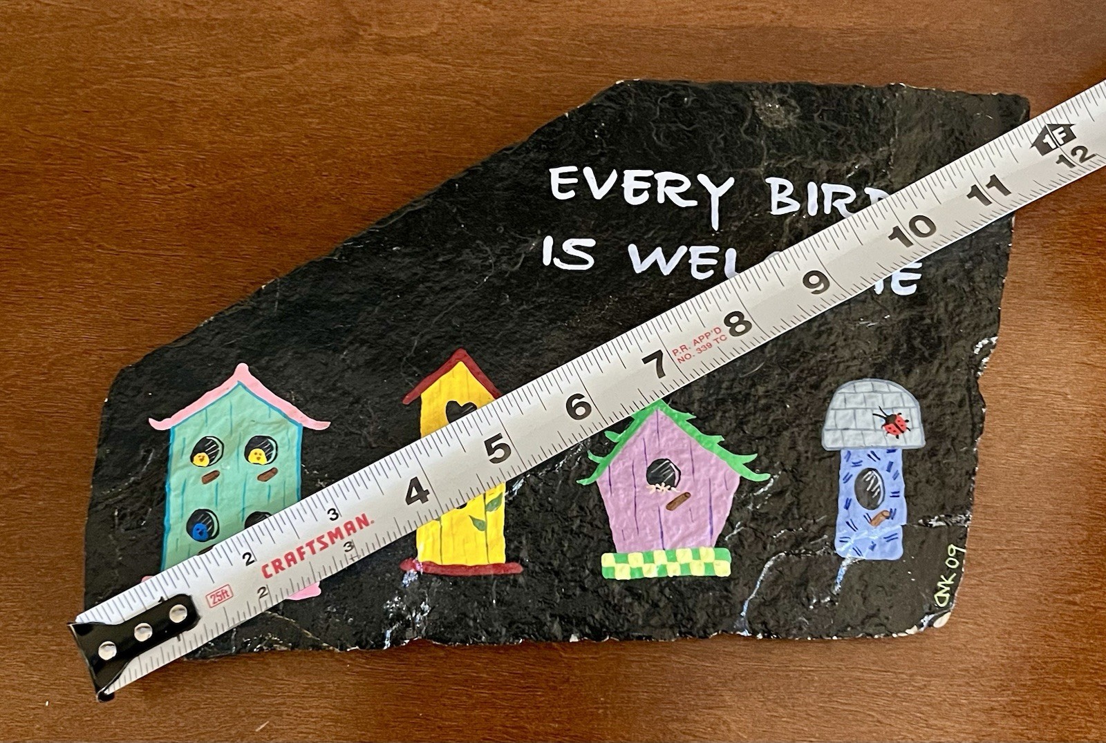 Hand Painted Slate Plaque Every Birdie Is Welcome Birdhouse Folk Art Signed