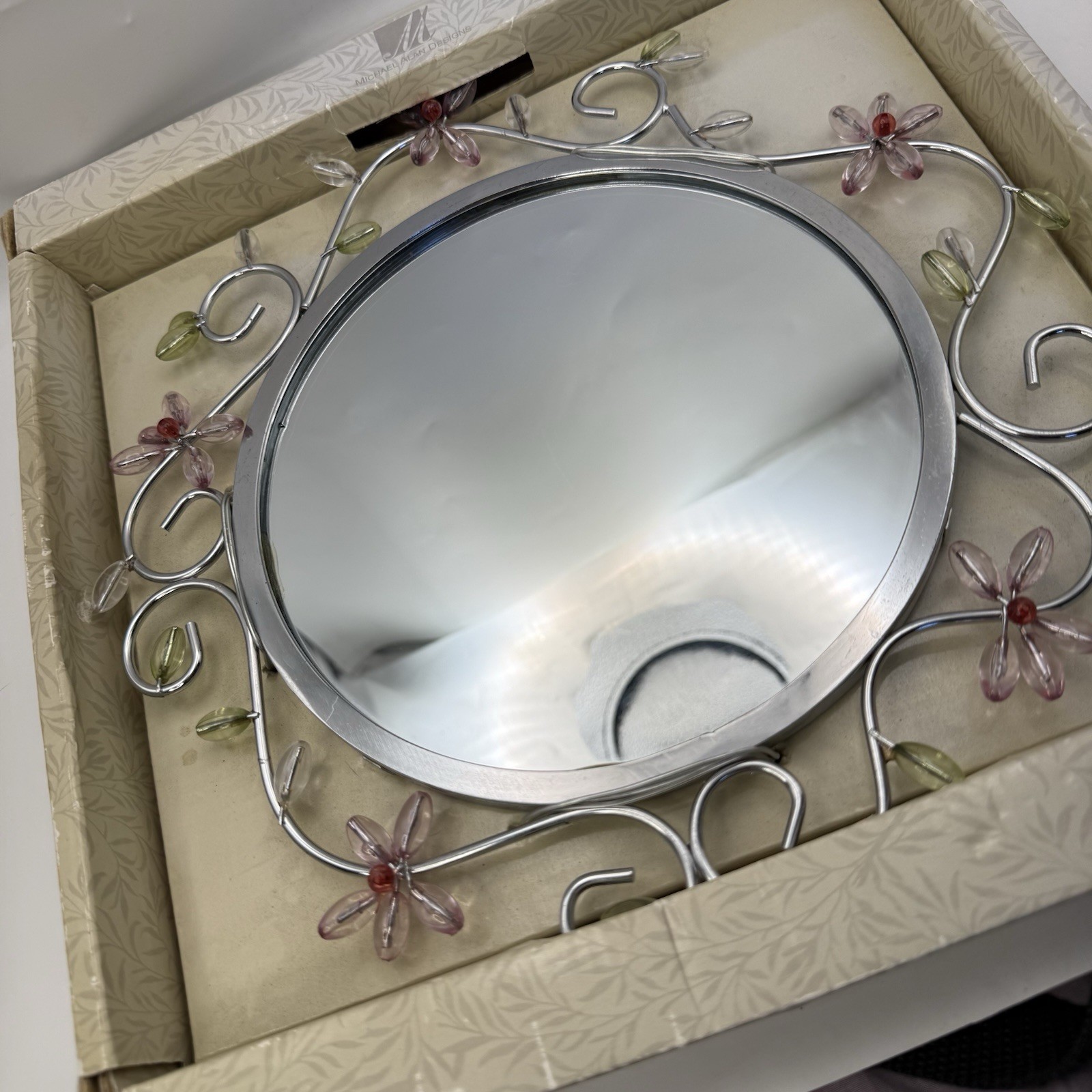 Vtg Mirror Medium Silver Tone Flowers Michael Alan designs floral bouquet 2004