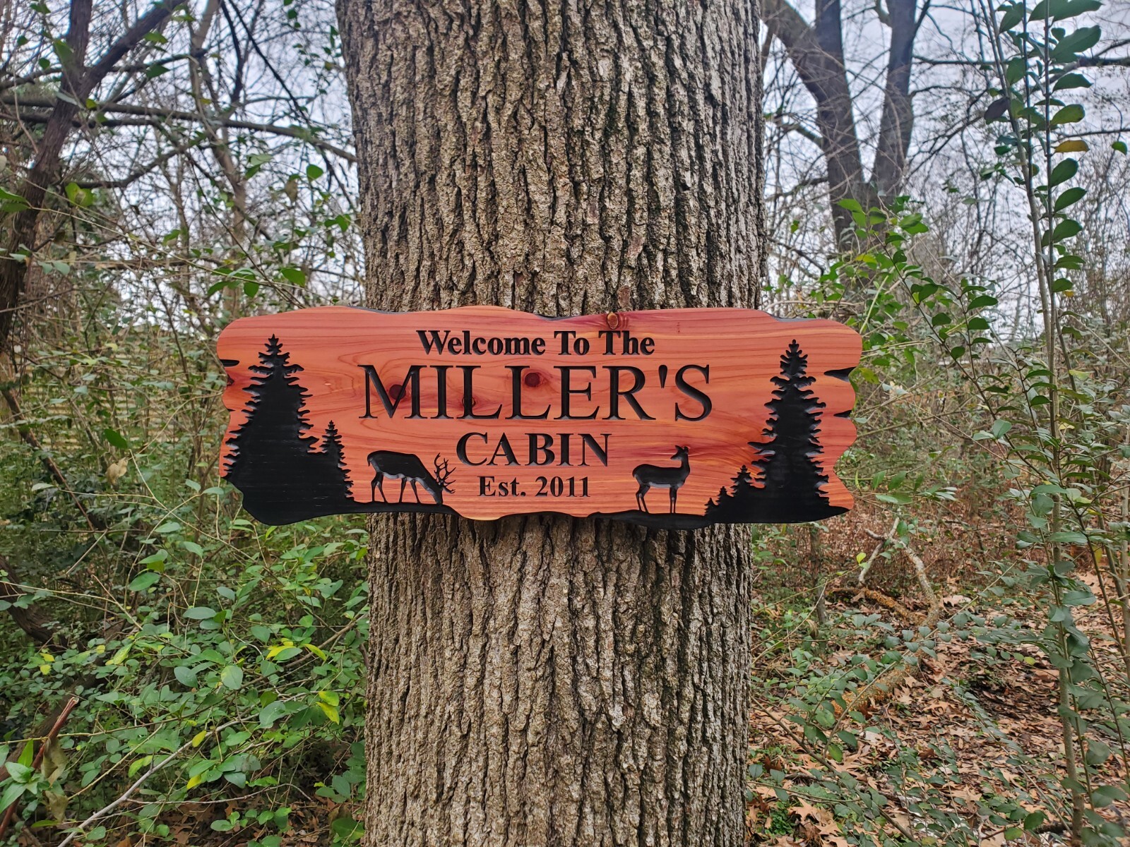 Custom Cabin Sign Carved Wood Family Name Vacation Home Plaque Deer Camp Home