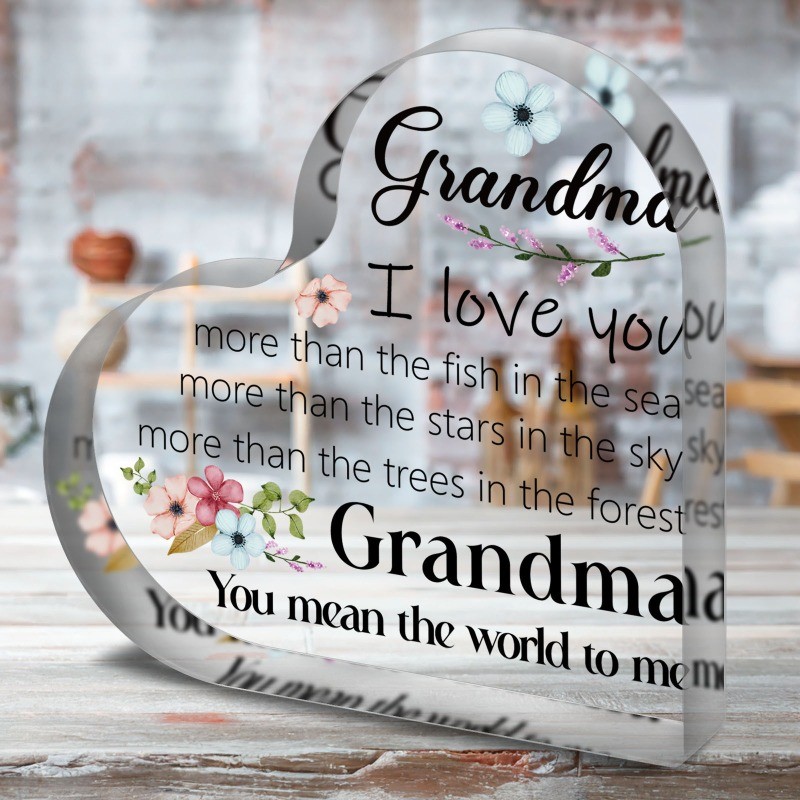 4*4in Graphic Design Acrylic Heart-Shaped Decor with Warm Word for Grandma Gifts