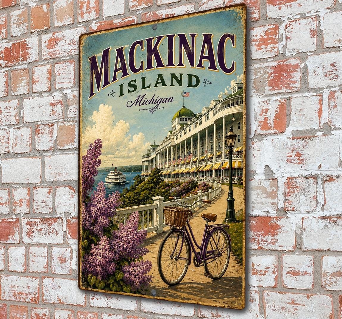 Mackinac Island Michigan Sign, Grand Hotel Decor, Bicycle Lover, Coastal Travel