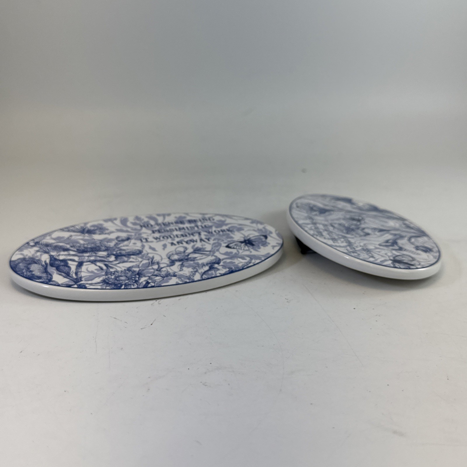 Funny Blue White Wall Plaques Set Toile Style Ceramic Shelf Decor Humor Gift Set