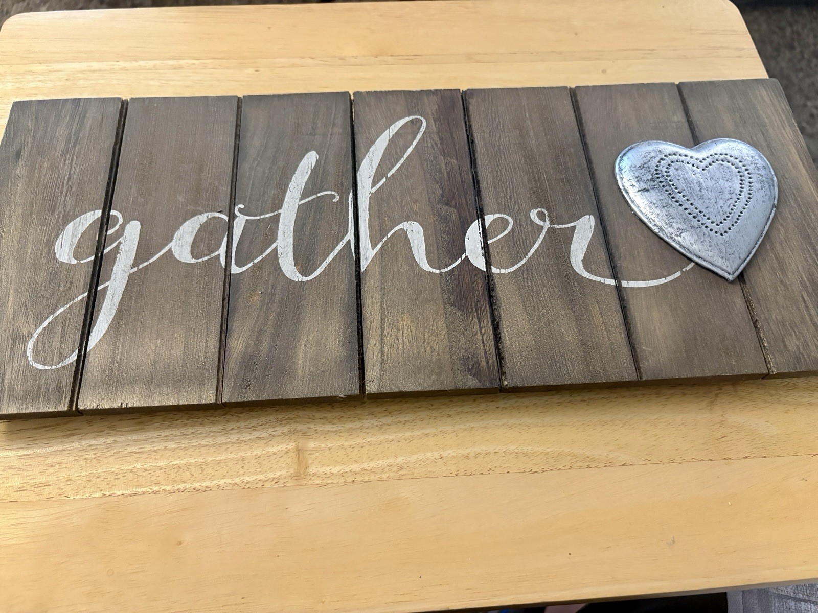 Rustic Wood Slat Wall Gather Sign, Rectangular Plaque w/ Metal Heart Accent