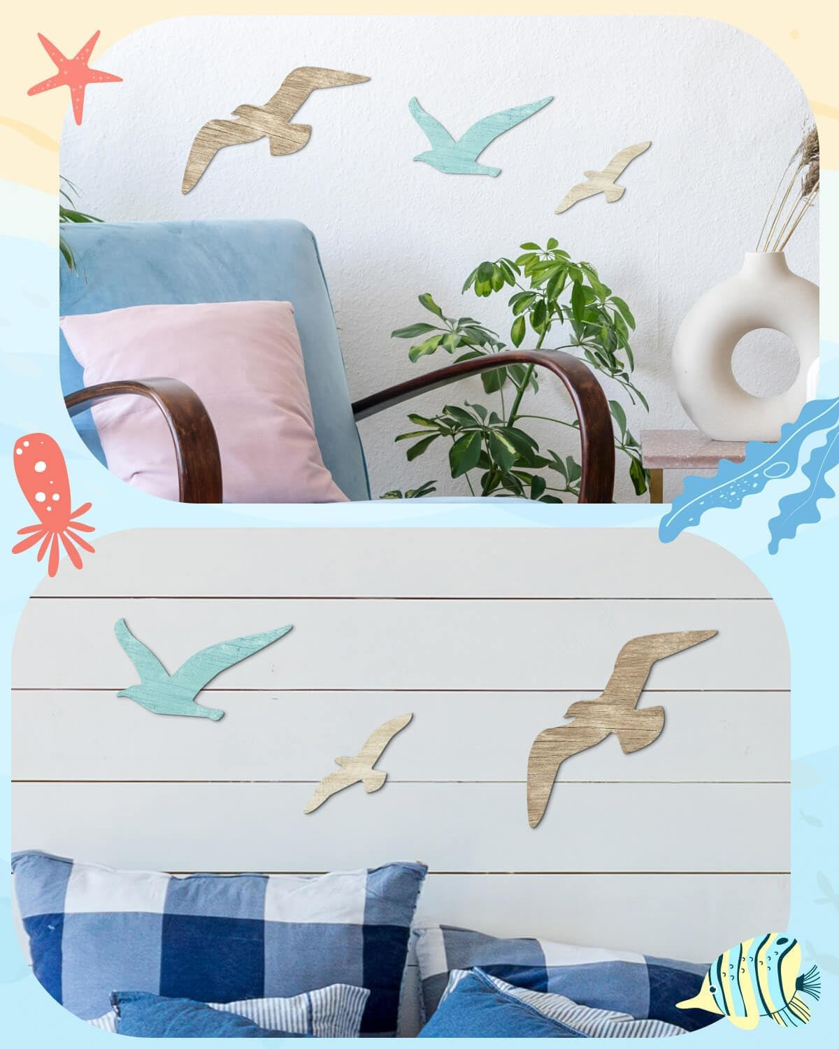 3Pcs Wood Seagull Wall Decor Wooden Beach Wall Decor Coastal Theme Wall Art Seag