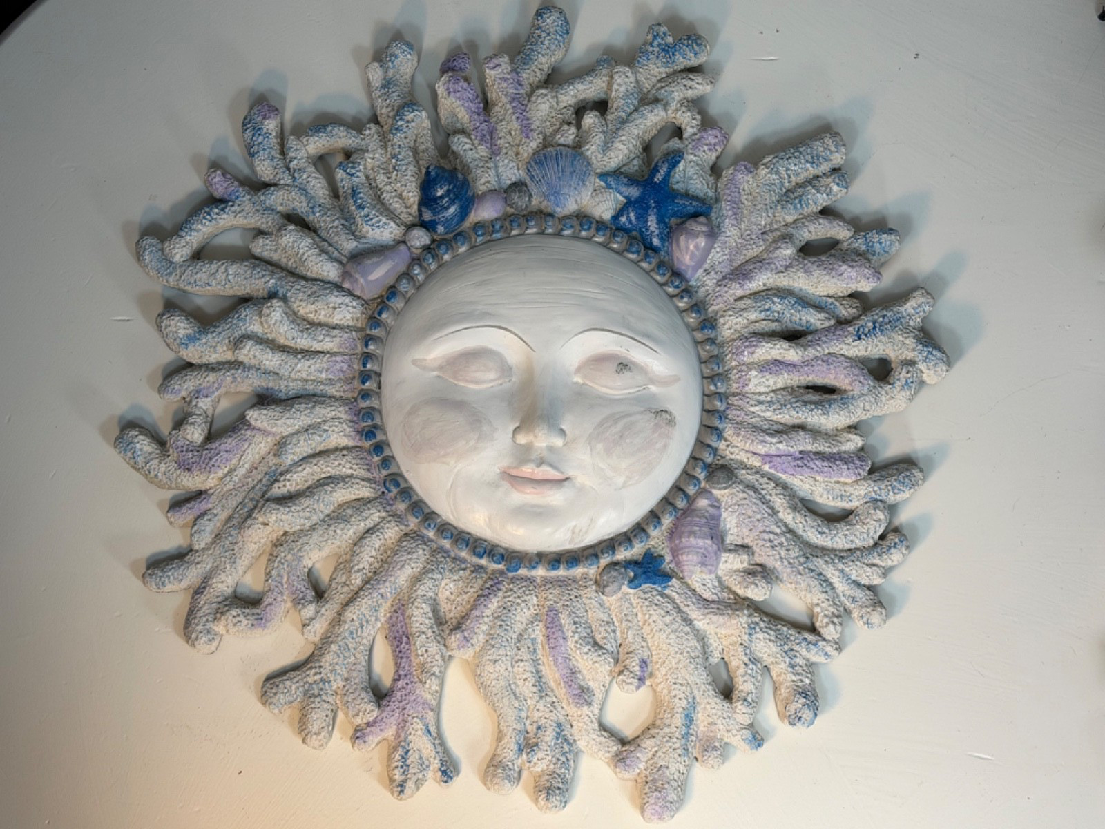 Large Coastal Sun Moon Wall Plaque Coral Seashell Starfish Beach Decor 20 Inch