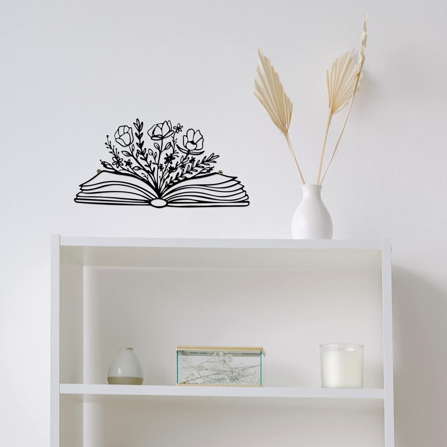 14 x 7 Inch Reading Sign Decorations Book Lover Black Metal Book Flower Wall Art