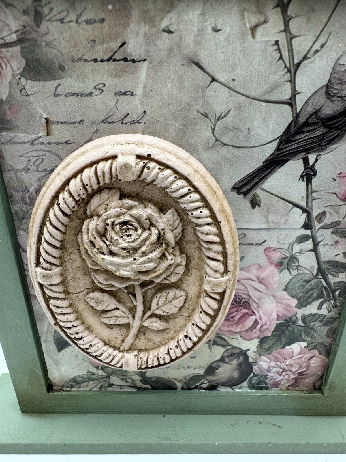 Vintage Bird Rose Shelf Sitter Sage Green Farmhouse Cottage Decor 6×6