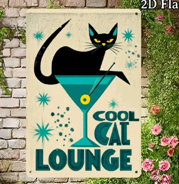 Cool Cat Lounge Wooden Sign Black Cat Martini Retro Bar Wall Decor Plaque