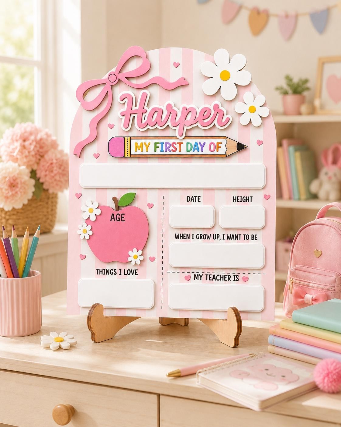 Coquette First Day School Sign, Reusable Wooden Photo Prop for Girls
