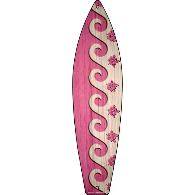Pink Waves And Flowers Metal Surfboard Sign 23″x6″ Plaque Home Door Garage Wall