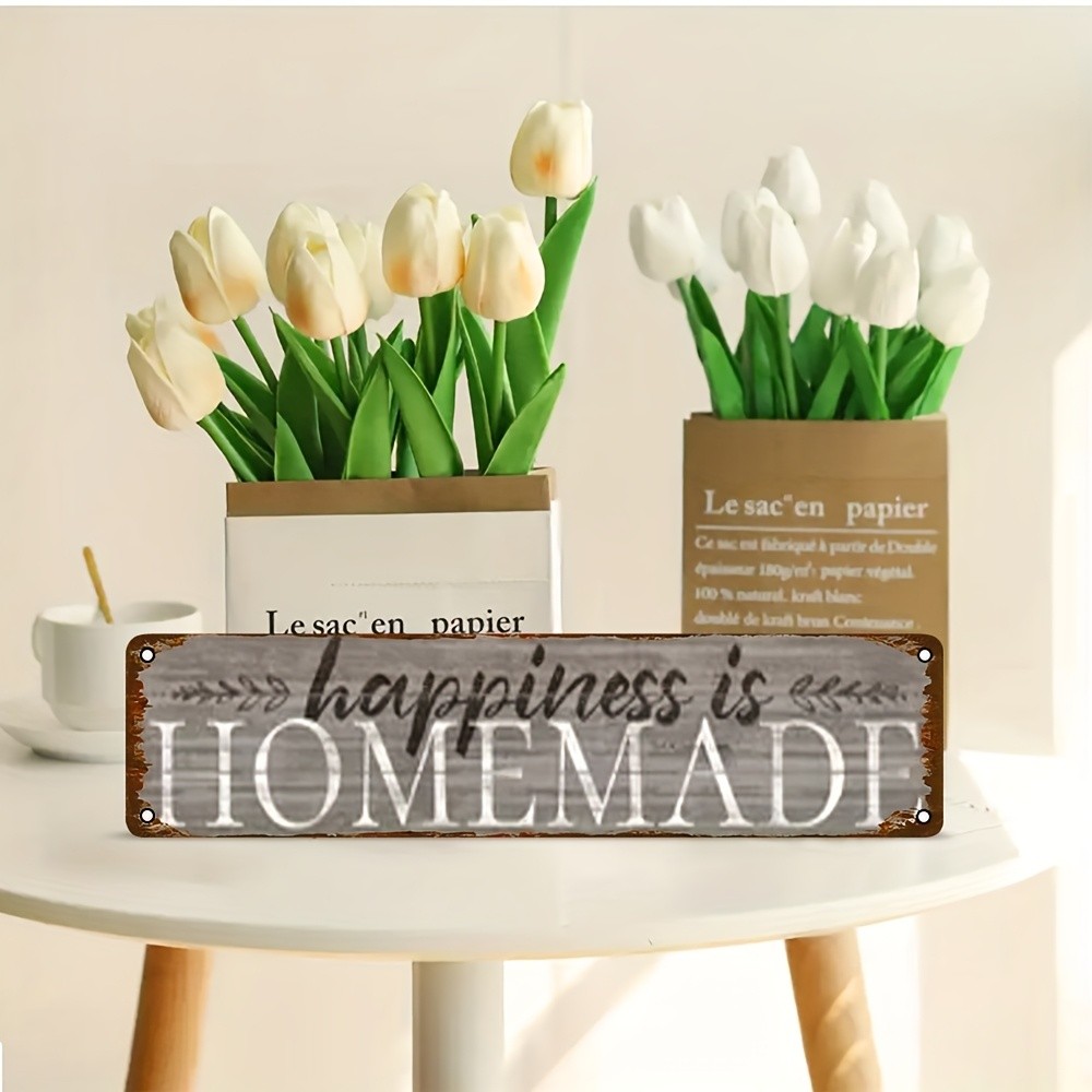 Vintage Metal Wall Art Sign “Happiness is Homemade” Rustic White 4×16″