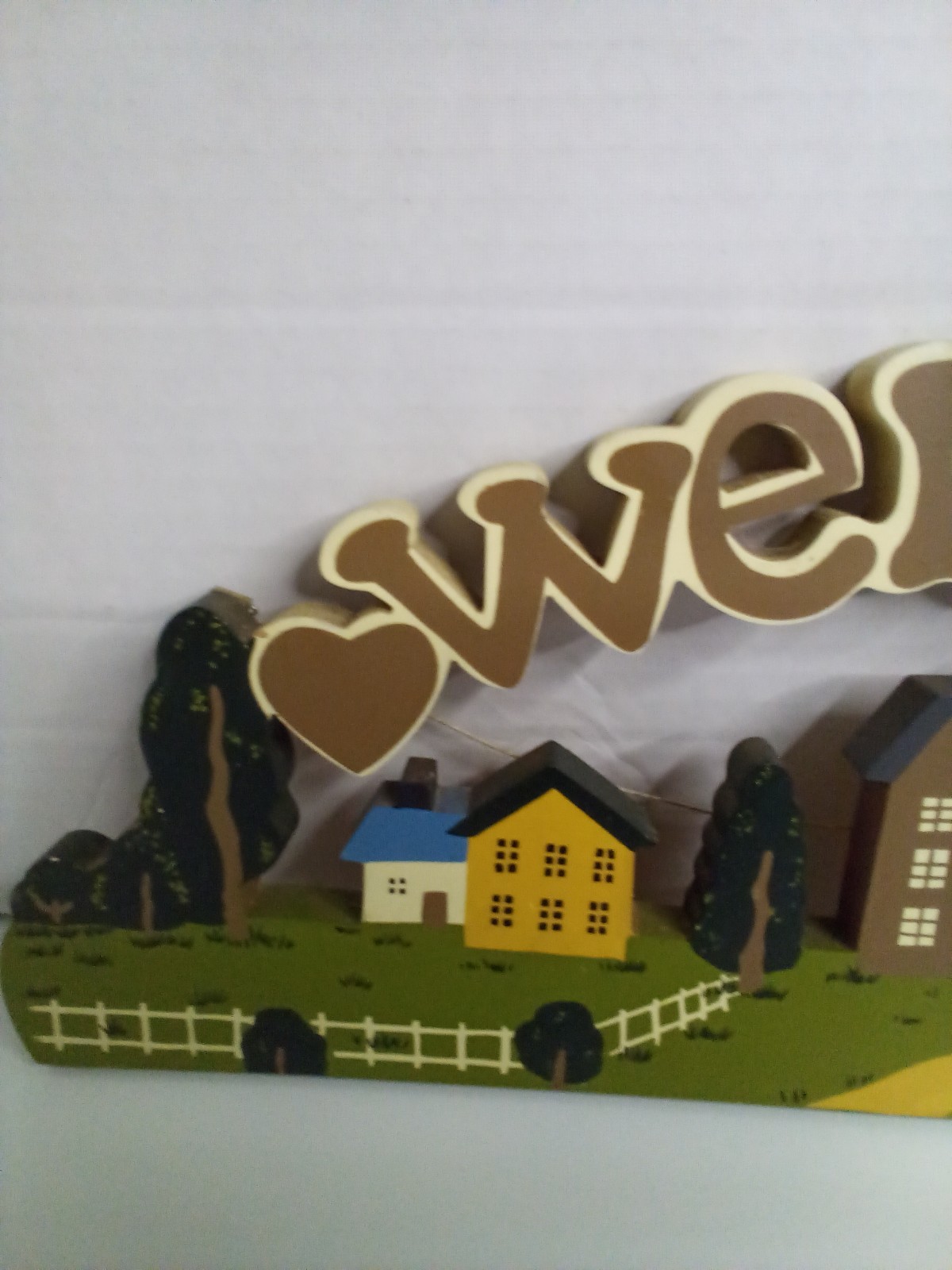 Vintage Folk Art Welcome Sign Houses Trees Hand Painted Cottagecore 19″ x 7″