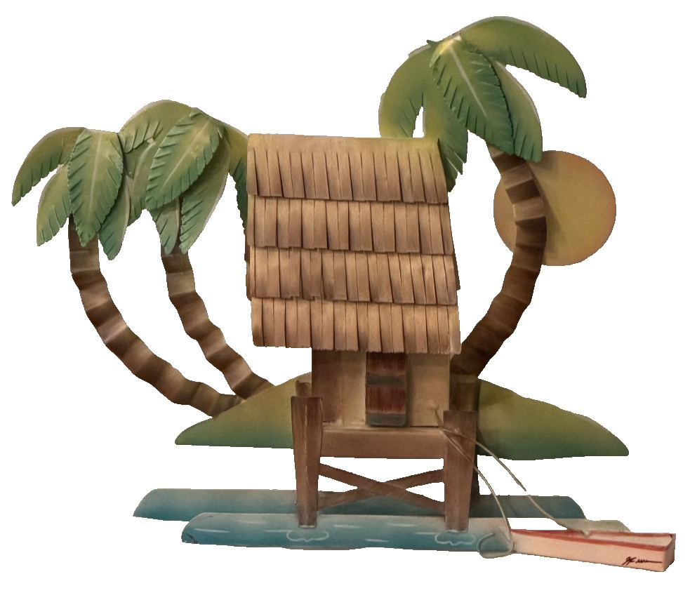 Tropical Beach Metal Wall Decor 19×15 Tiki Hut Palm Trees Surfboard Wall Art