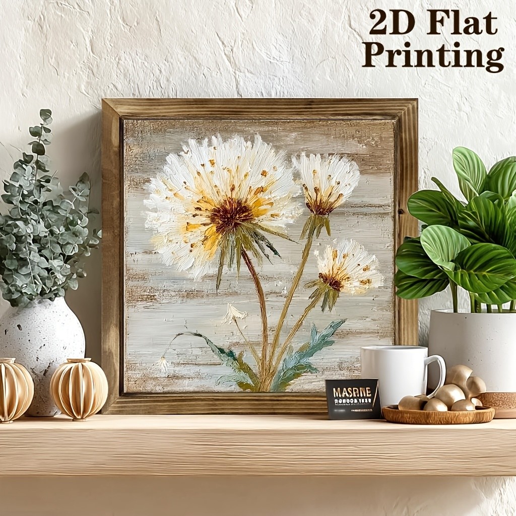 Soft Vintage White Dandelion Floral Print Framed Bedroom Wall Plaque Gift