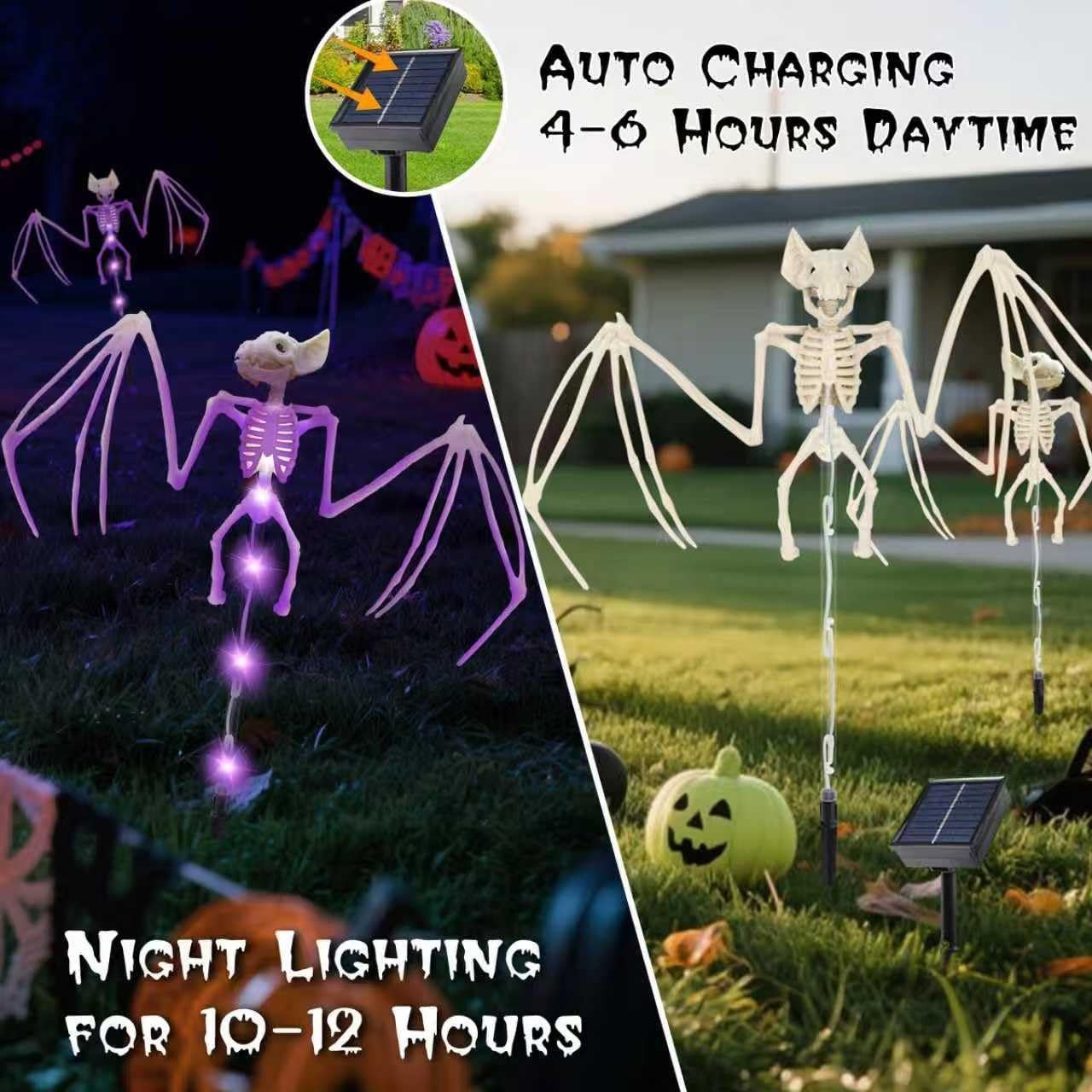 Solar Halloween Decorations Outdoor – 4Pcs 3D Scary Bat & Skeleton Lights