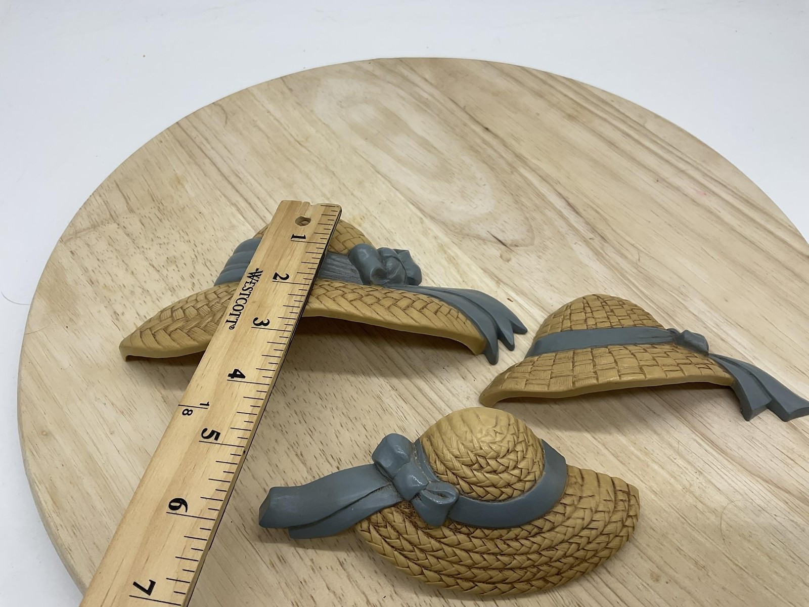 Vintage Burwood Straw Hat Wall Plaques Set Of 3 Brown Plastic Country Decor
