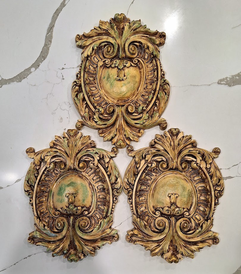 Opulent Wall Plaque Shield Cartouche Design Gilded Plaster Decorative Art