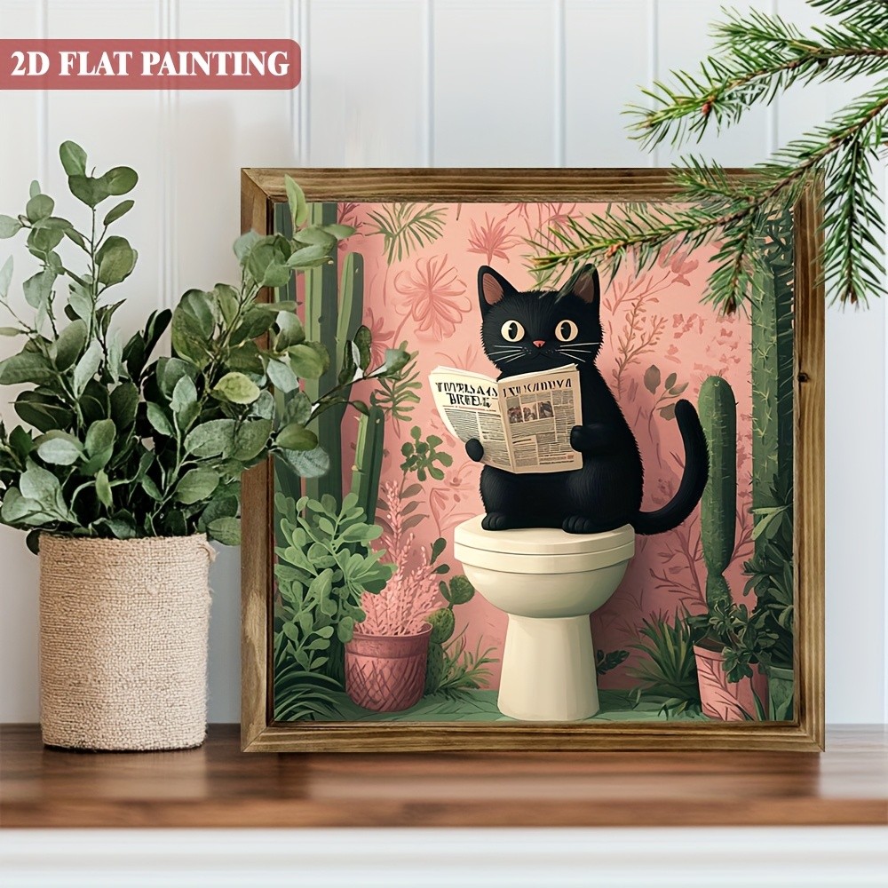 2D Bohemian Black Cat Reading Newspaper Wooden Sign for Home Bathroom Wall Decor