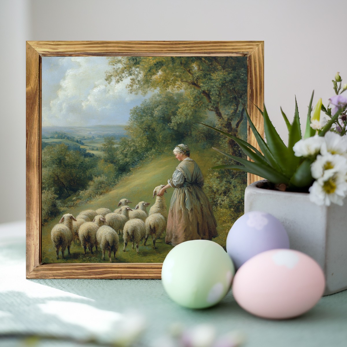 Rustic Sheep Herder Oil Painting Wooden Plaque Vintage Farmhouse Wall Art Decor