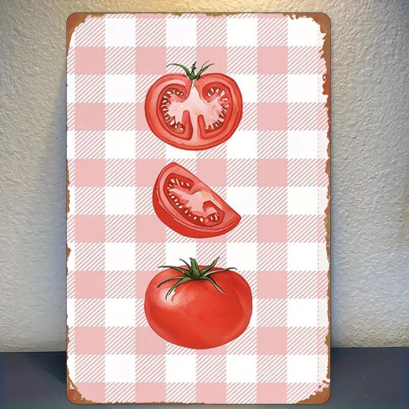 20.32×30.48 cm Metal Sign Tomato Pink Checkered Rustic Decor