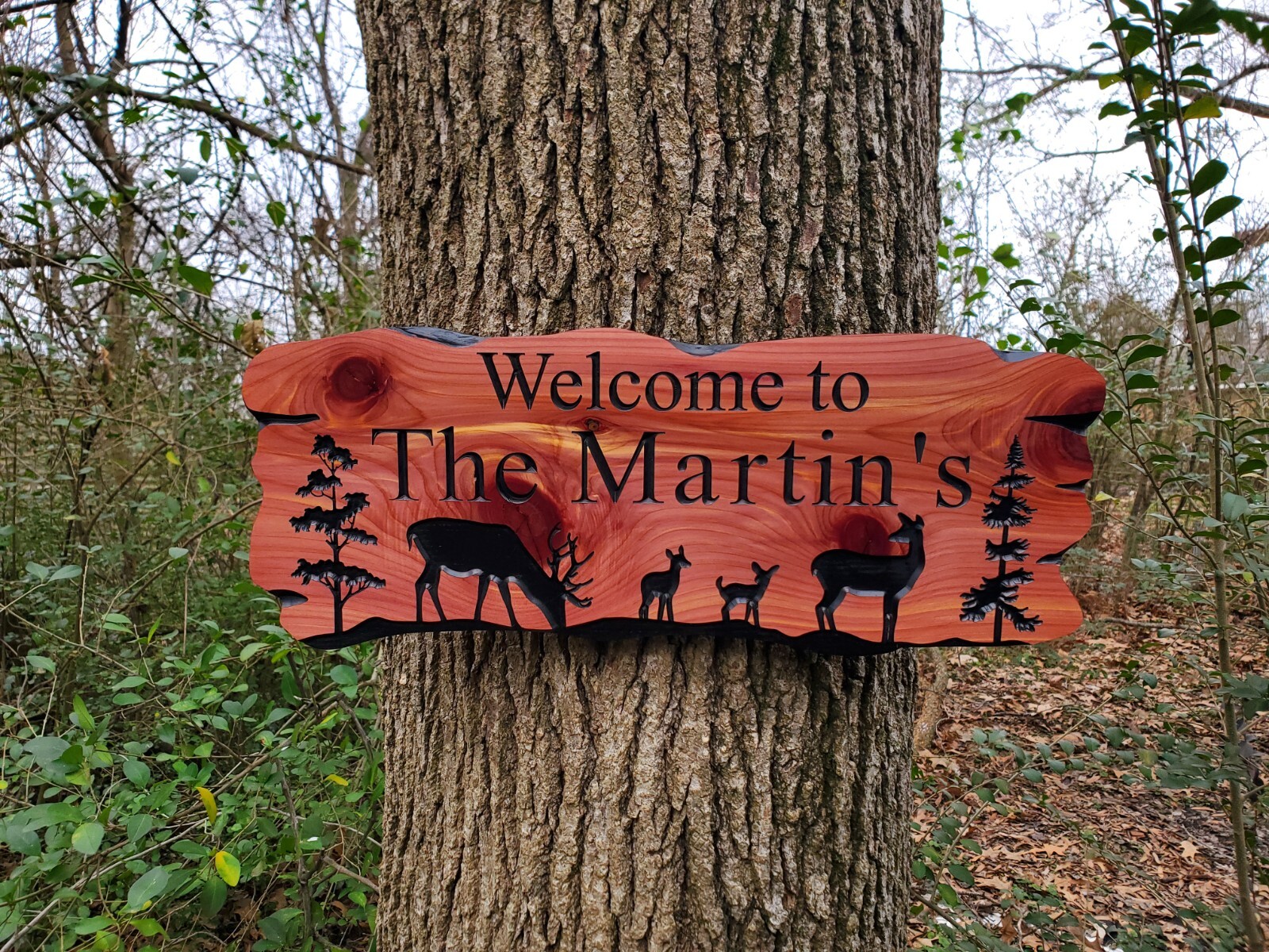 Custom Outside Family Sign Carved Wood Hanging Rustic Plaque Deer Nature Scene