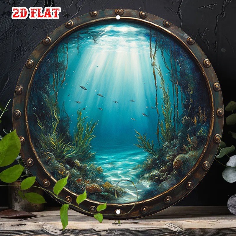 2D Flat 1 Piece Rustic Round Aluminum Tin Sign Underwater Sunlight Fish Vintage♪