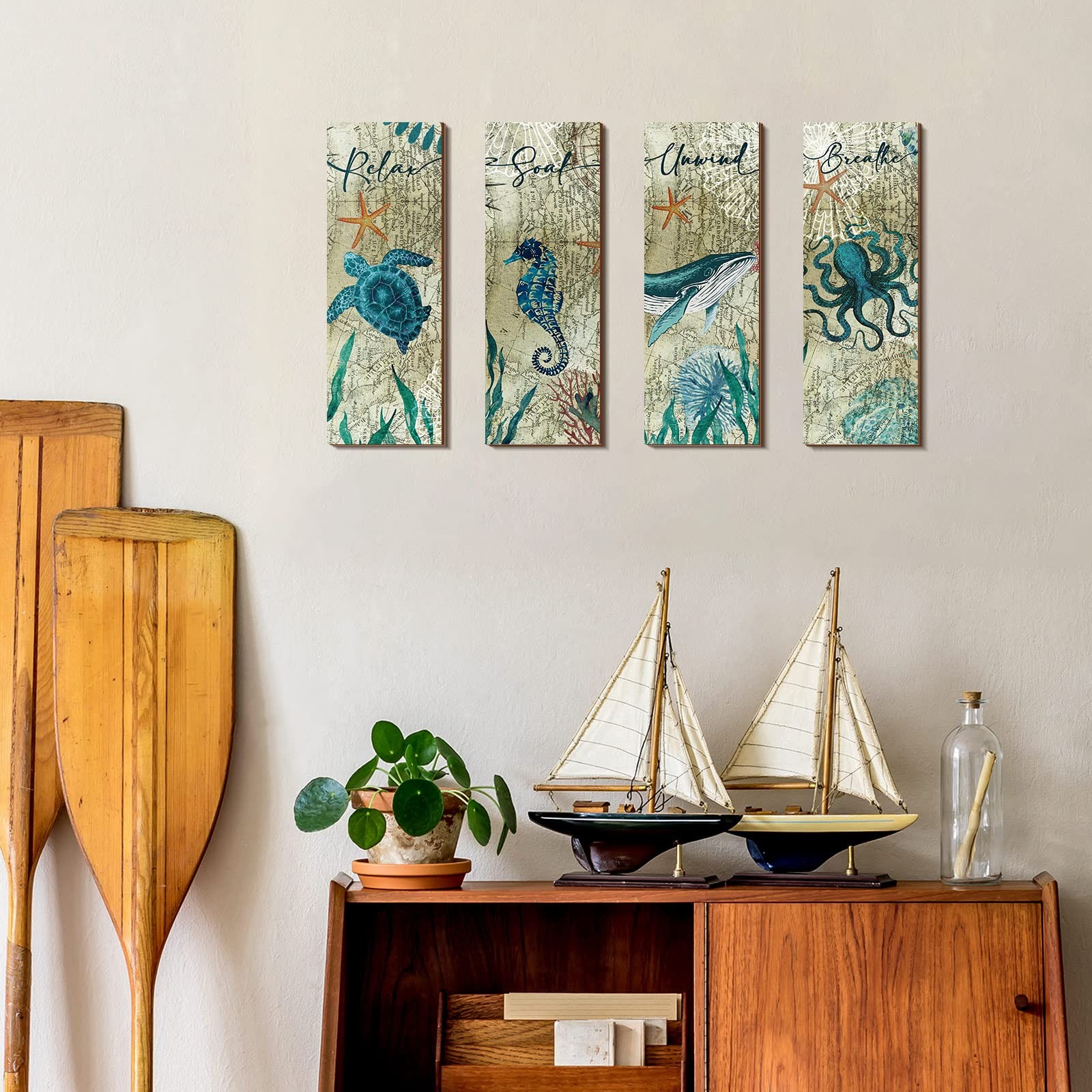 Qunclay 4 Pieces Beach Bathroom Decor Wall Sign Ocean Decor Sea Turtle Wall Art