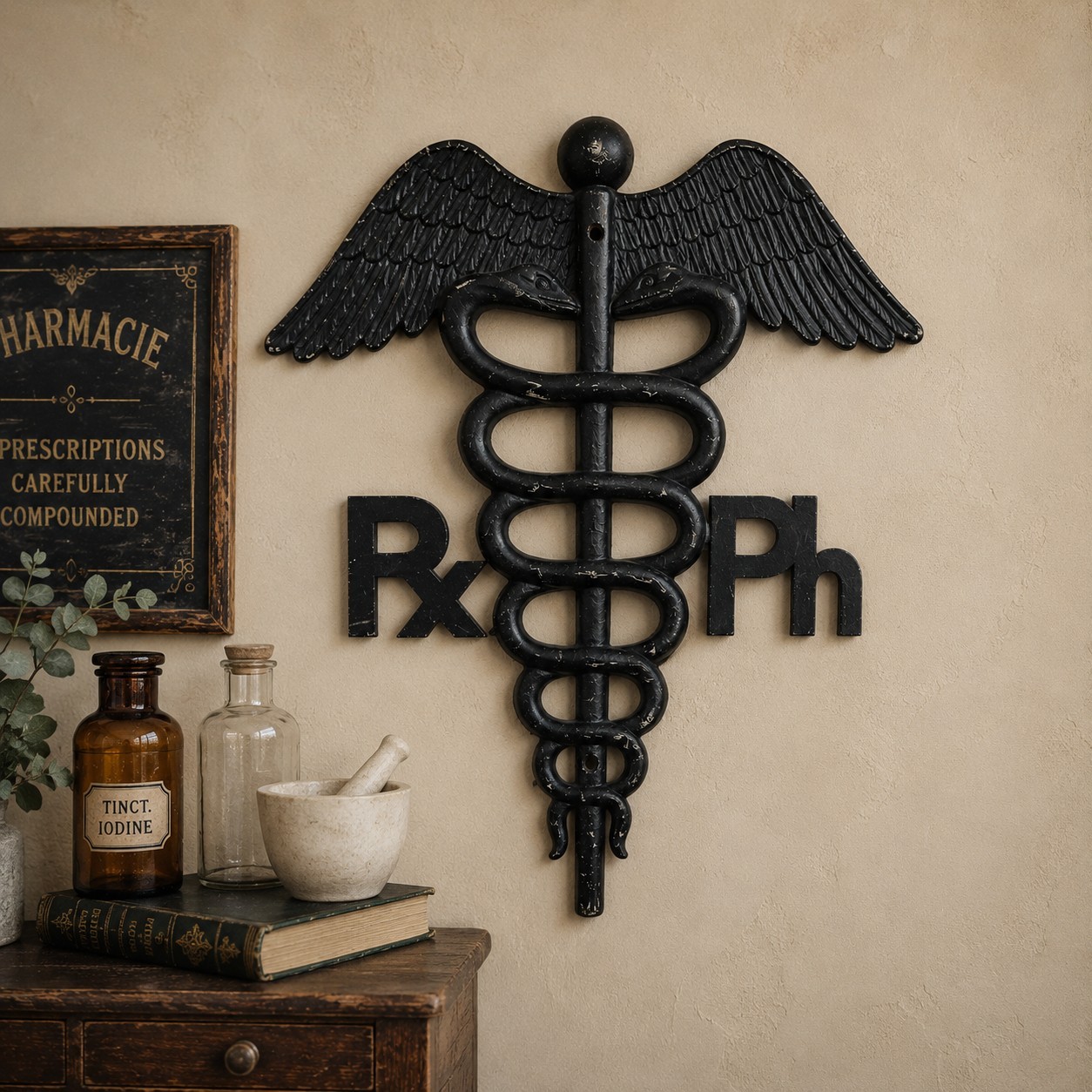 Vintage Metal Caduceus RX Pharmacy Medical Wall Plaque Sign 16″ x 16″ Black