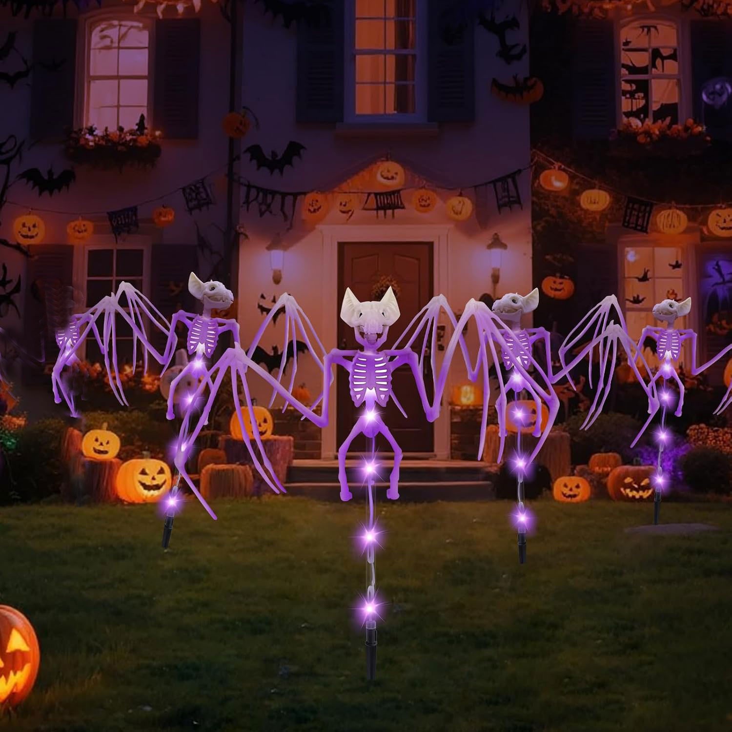 Solar Halloween Decorations Outdoor – 4Pcs 3D Scary Bat & Skeleton Lights