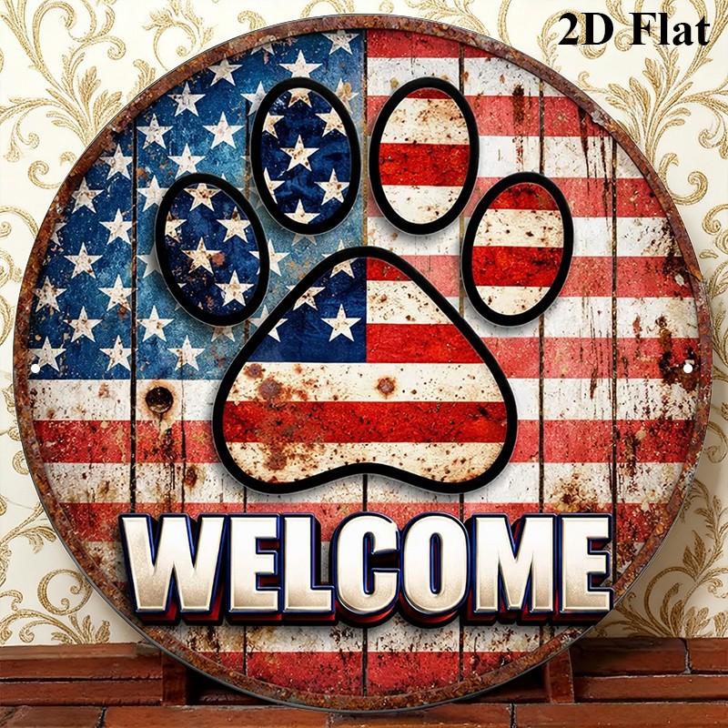 2D “American Flag Paw ” Vintage Patriotic Metal Sign Room Kitchen Garage Decor