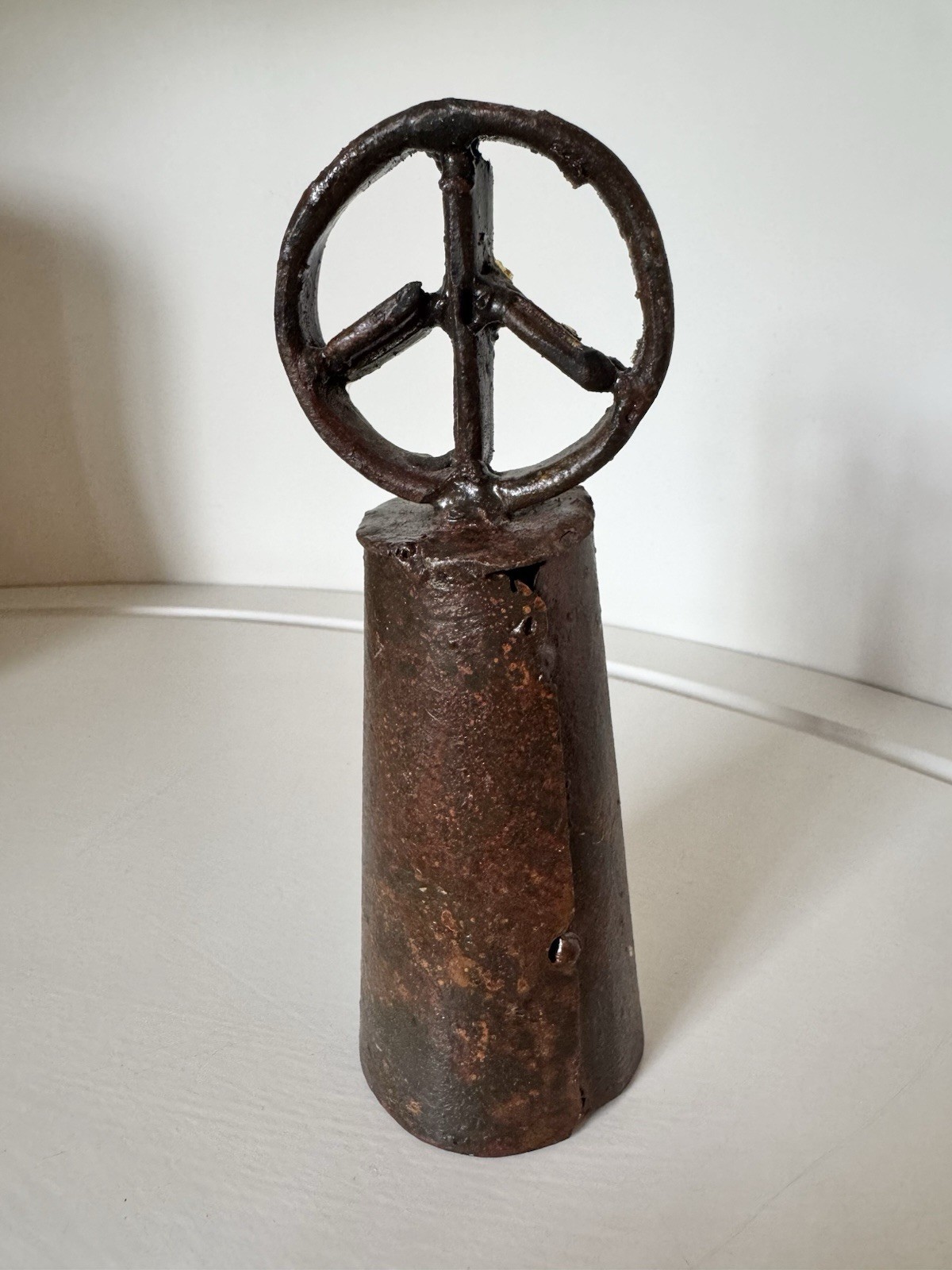 Handmade Rustic Peace Sign Wine Bottle Topper Boho Folk Art Metal Decor