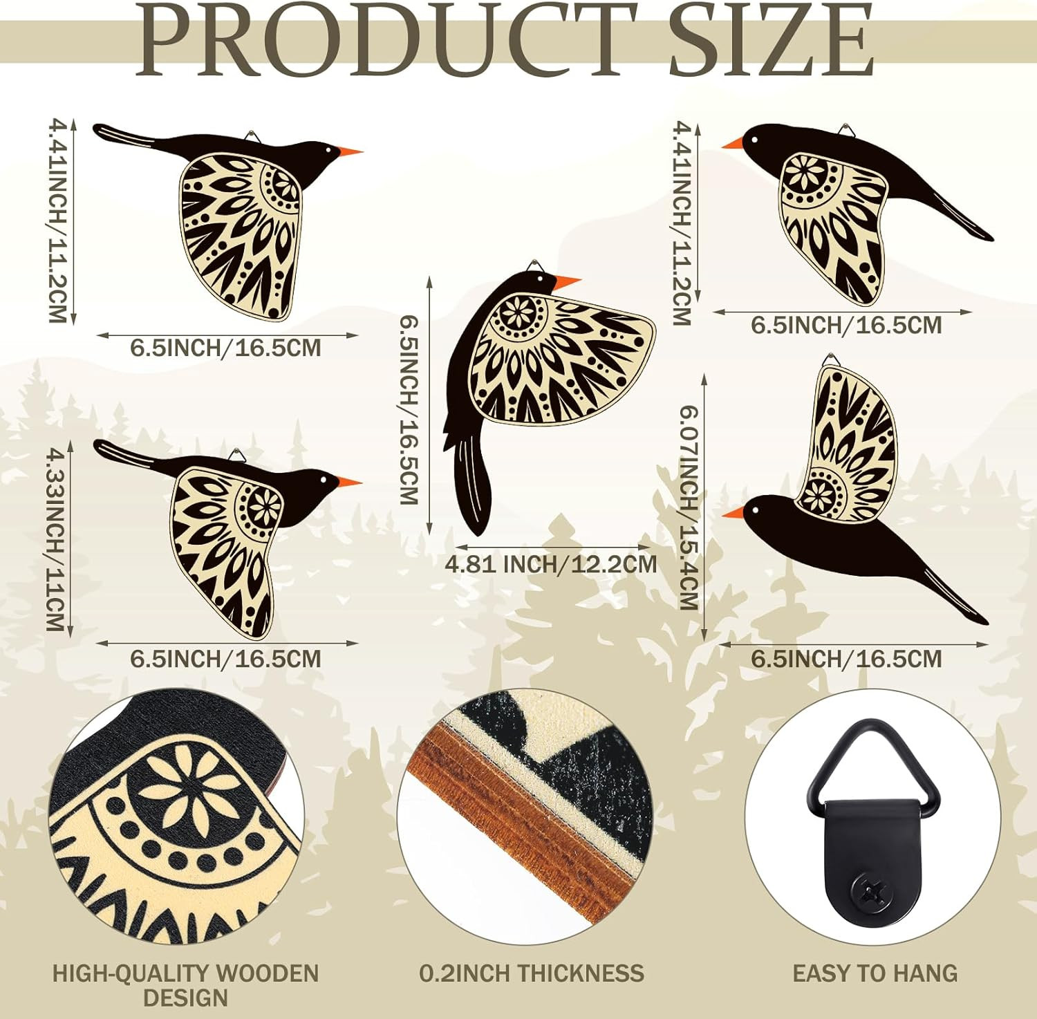 5 Pcs Wooden Bird Wall Art Wood Flying Birds Wall Decor Rustic Folk Art Scandina