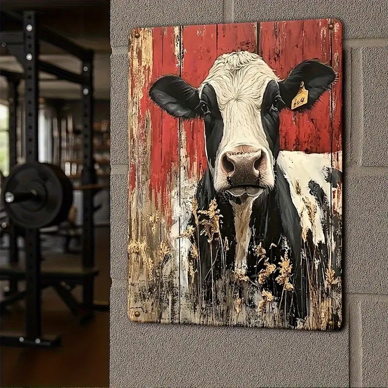 Rustic Barn Cow Metal Sign – Vintage Farmhouse Black and White Tin Decor