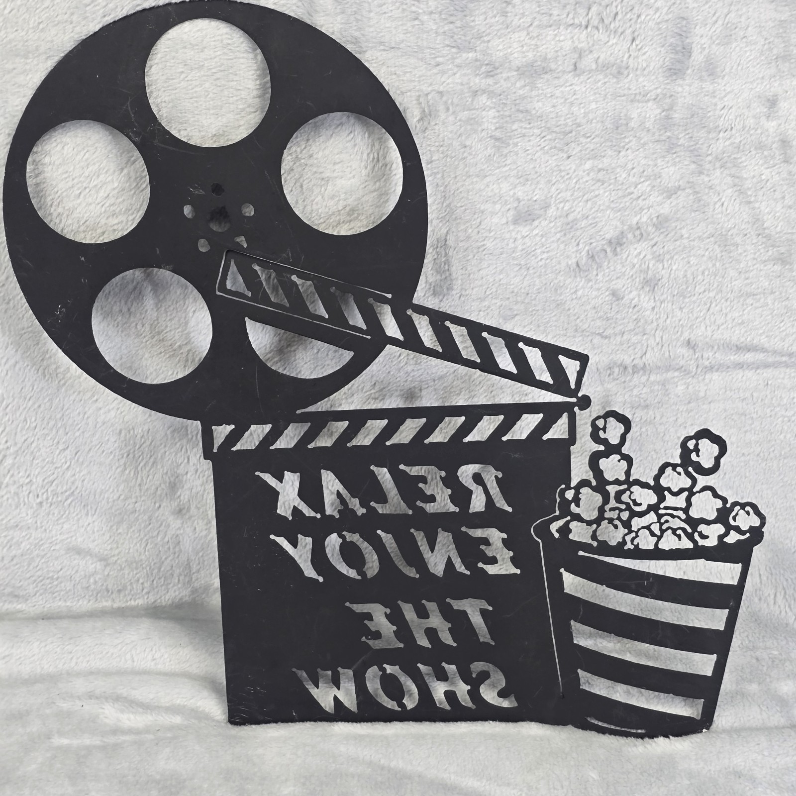 Film Reel Wall Decor with PopCorn and three Signs Light Camera Action