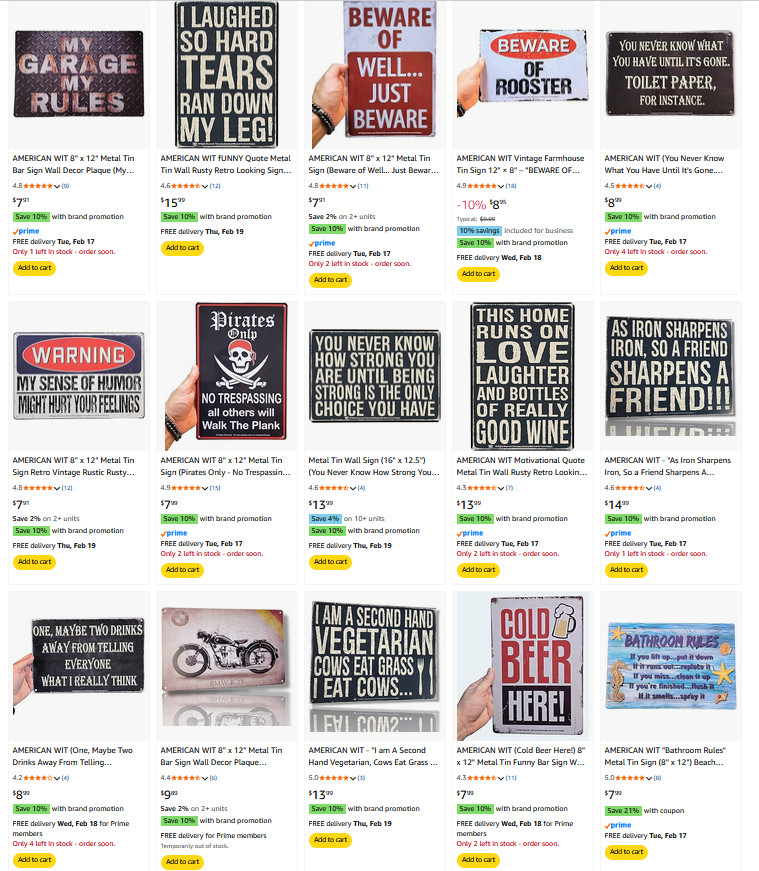 Bulk Funny Bar Novelty Metal Tin Signs – Random Assortment (8″ x 12″) Garage Man