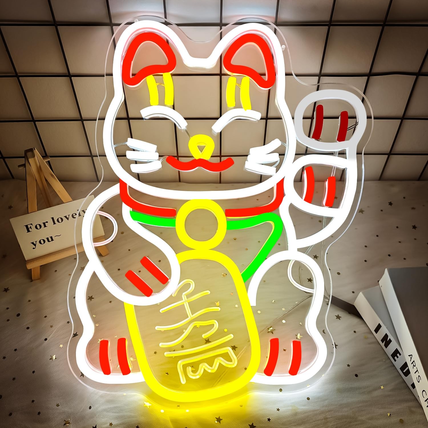 Waving Lucky Cat Neon Sign for Wall Decor Fortune Cat Led Sign Animated Maneki