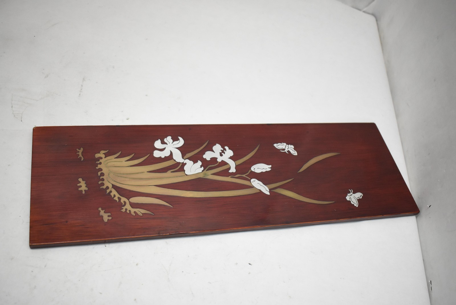Asian Floral Butterfly Wall Plaque Brown Wood Medium Rectangular with Gold Inlay