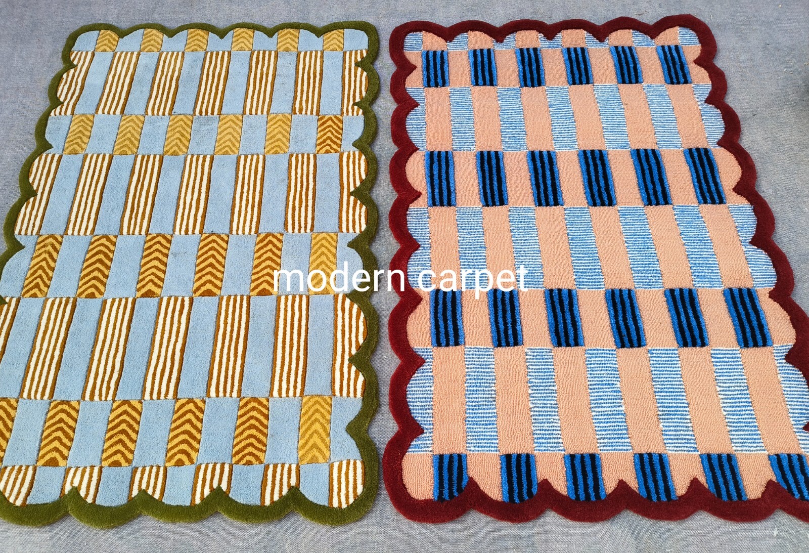 Handmade Checkered Wool Rug Blue Red | Scalloped Geometric Carpet Living Room