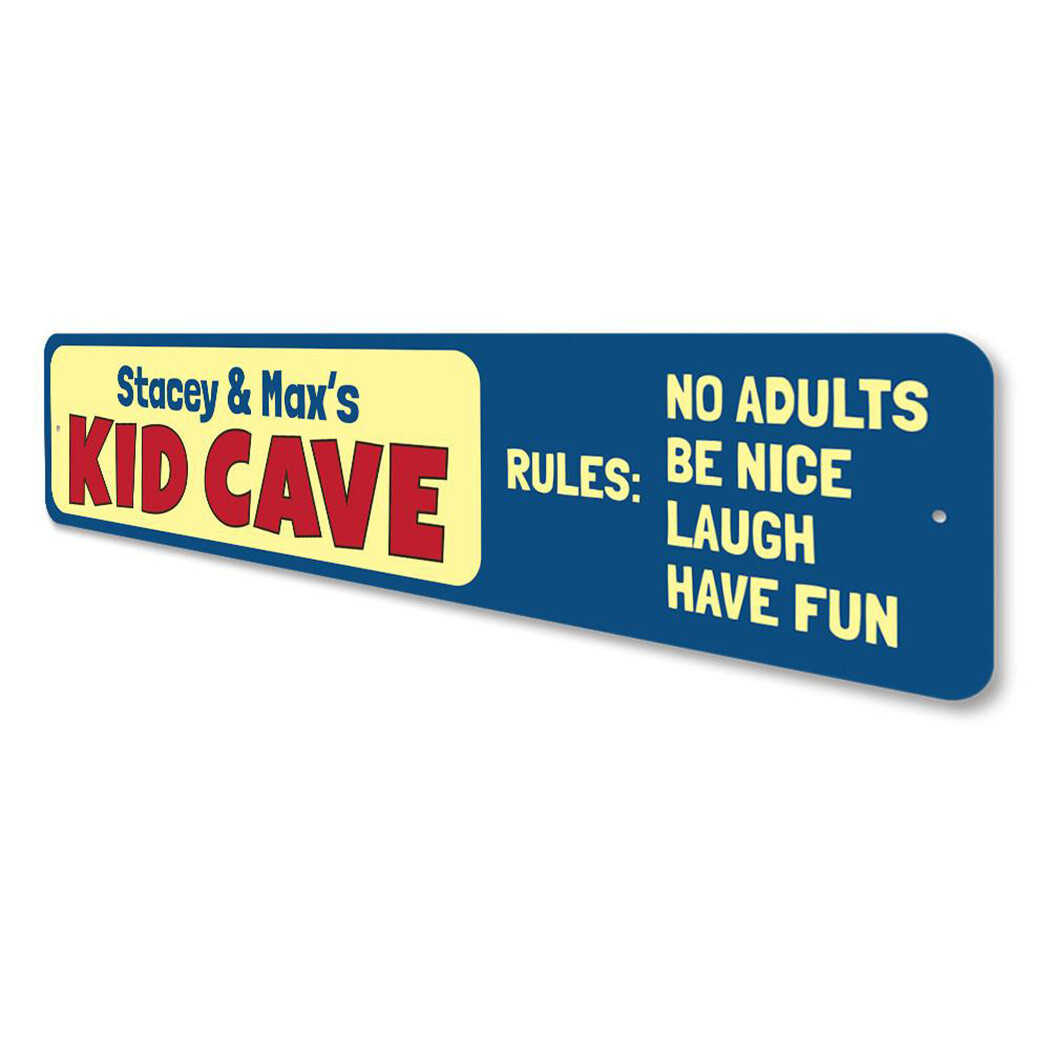 Kid Cave Rules Sign, Custom Kid Name Playroom Sign, No Adults Be – Aluminum
