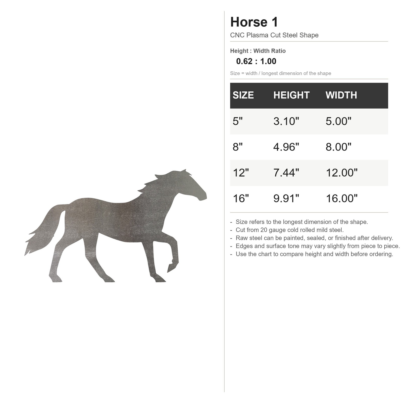 Horse 1 Steel Cutout Shape, Raw Metal Wall Art and Craft Supply