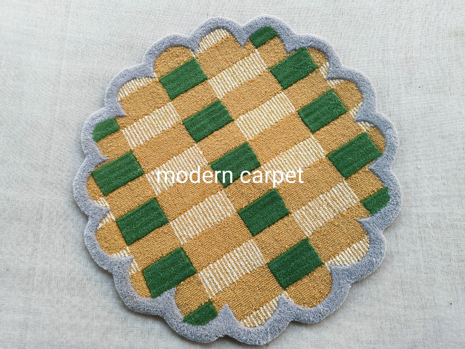Modern Scalloped Border Area Rug Wavy Checkered Mustard Green Wool Carpet 8×10