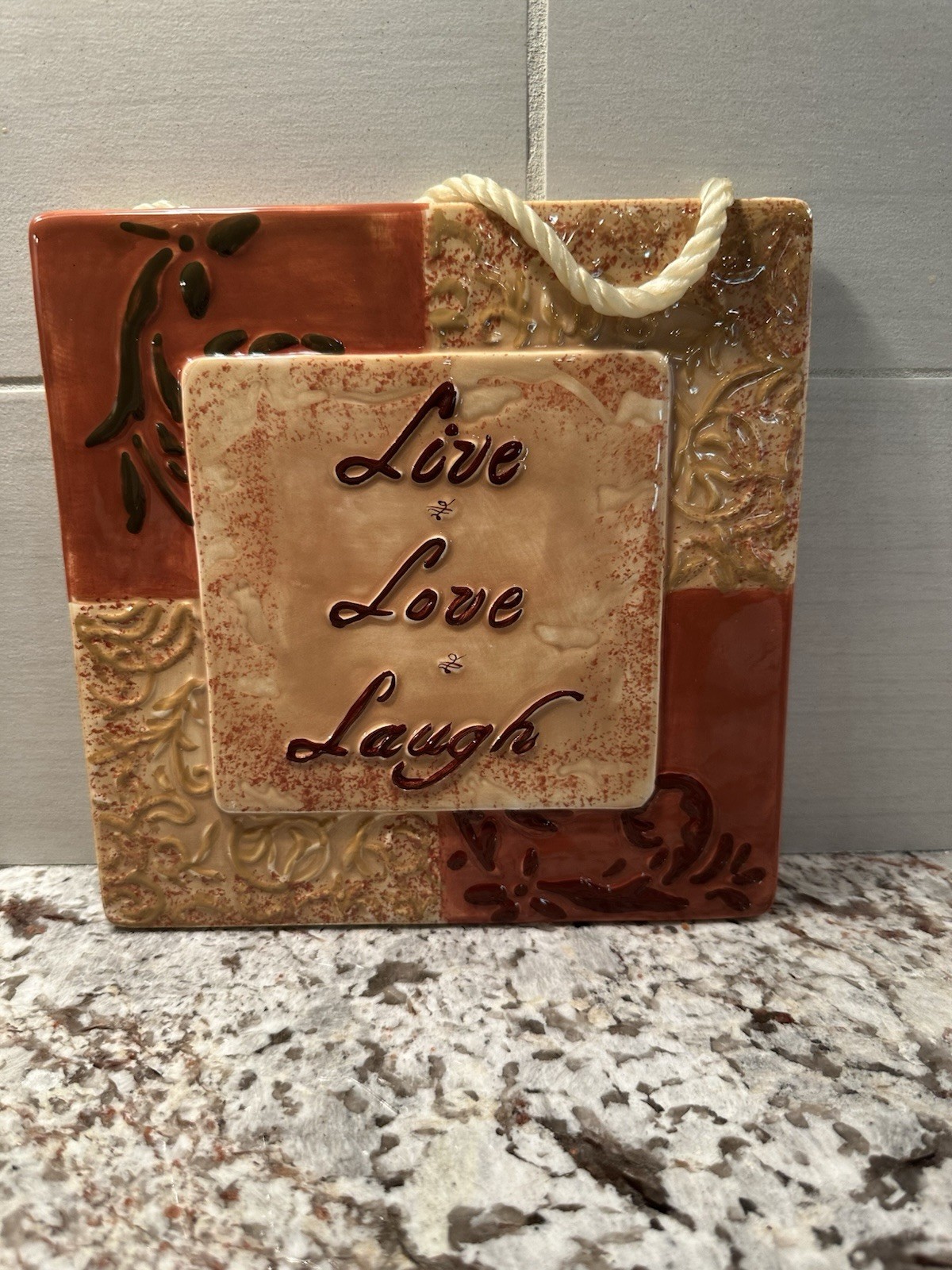 Live Love Laugh Ceramic Square Hanging Wall Plaque, Beige Brown Glossy Textured