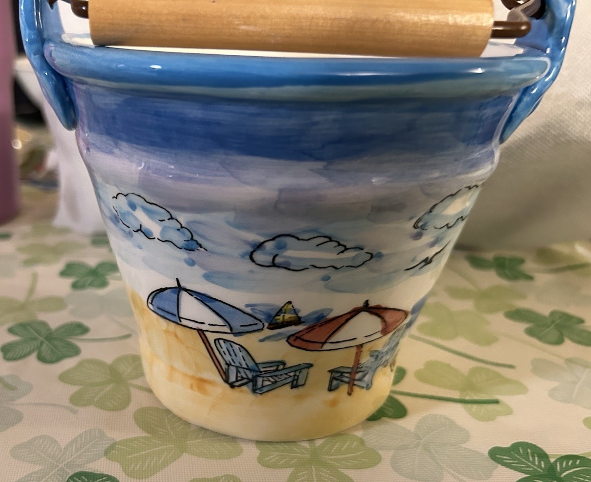 Life Is Good Ceramic Bucket With Wood Handle & Beach Scenery