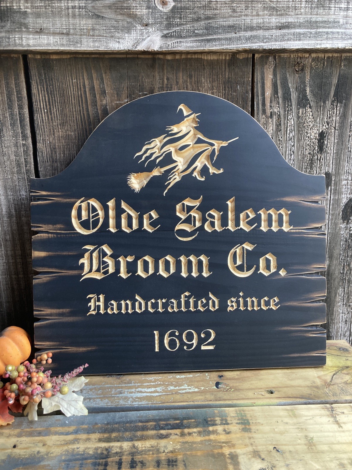 Halloween Salem Witch Broom Wooden Sign Carved Rustic Antique Look