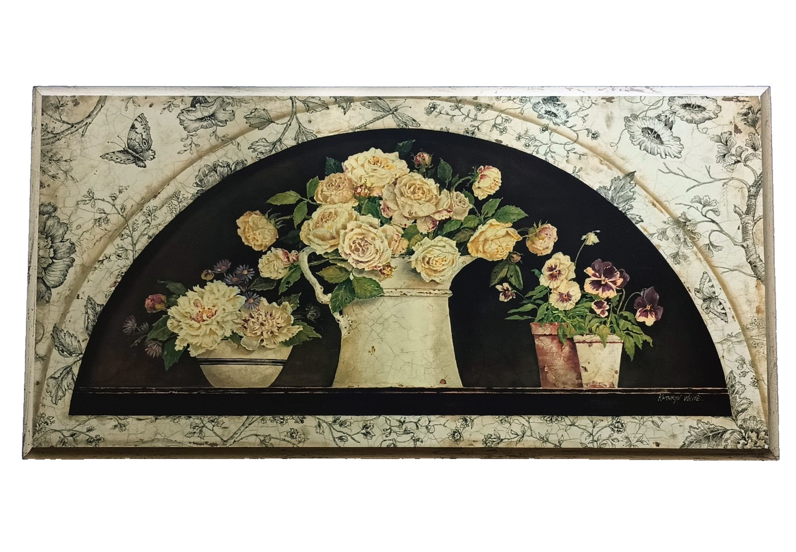 Vintage Cottage Core Floral Toile Wooden Plaque Kathryn White