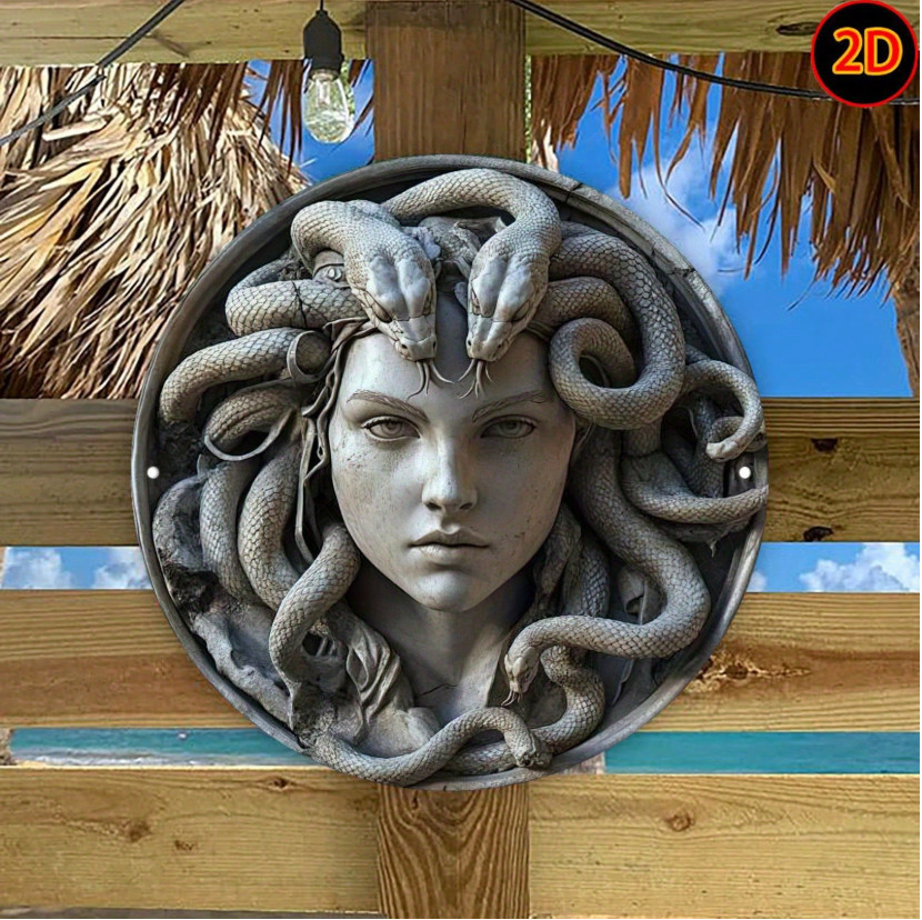 2D Flat Retro Medusa Head Sculpture Wall Art 8 in Round Aluminum Metal Sign, Exq
