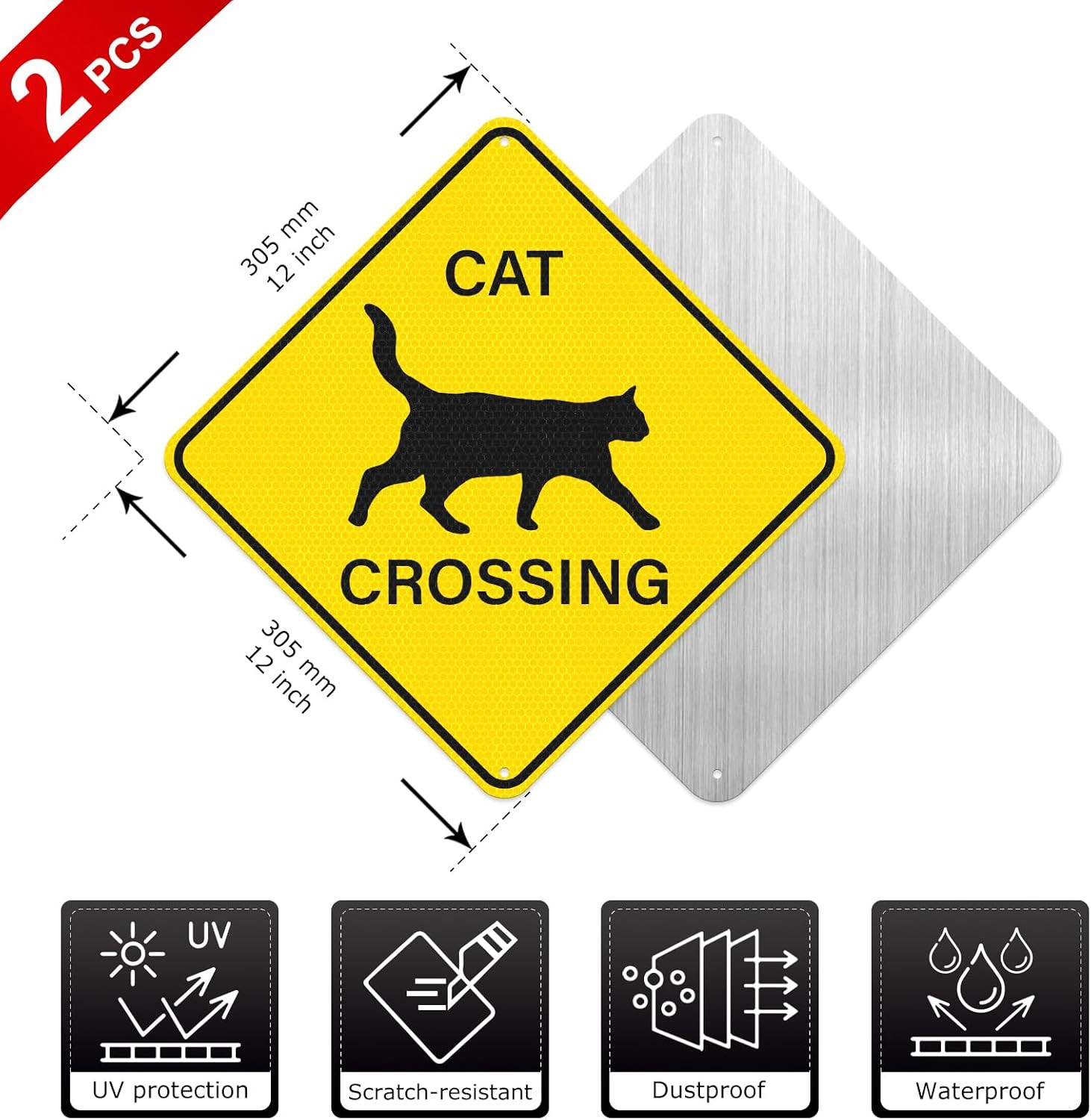 2 Pack Cat Crossing Sign 12″ x 12″ Engineer Grade Reflective Aluminum Sign Pets